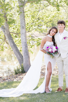 Sparkly White Off the Shoulder Long Corsert Prom Dress with Side Cape