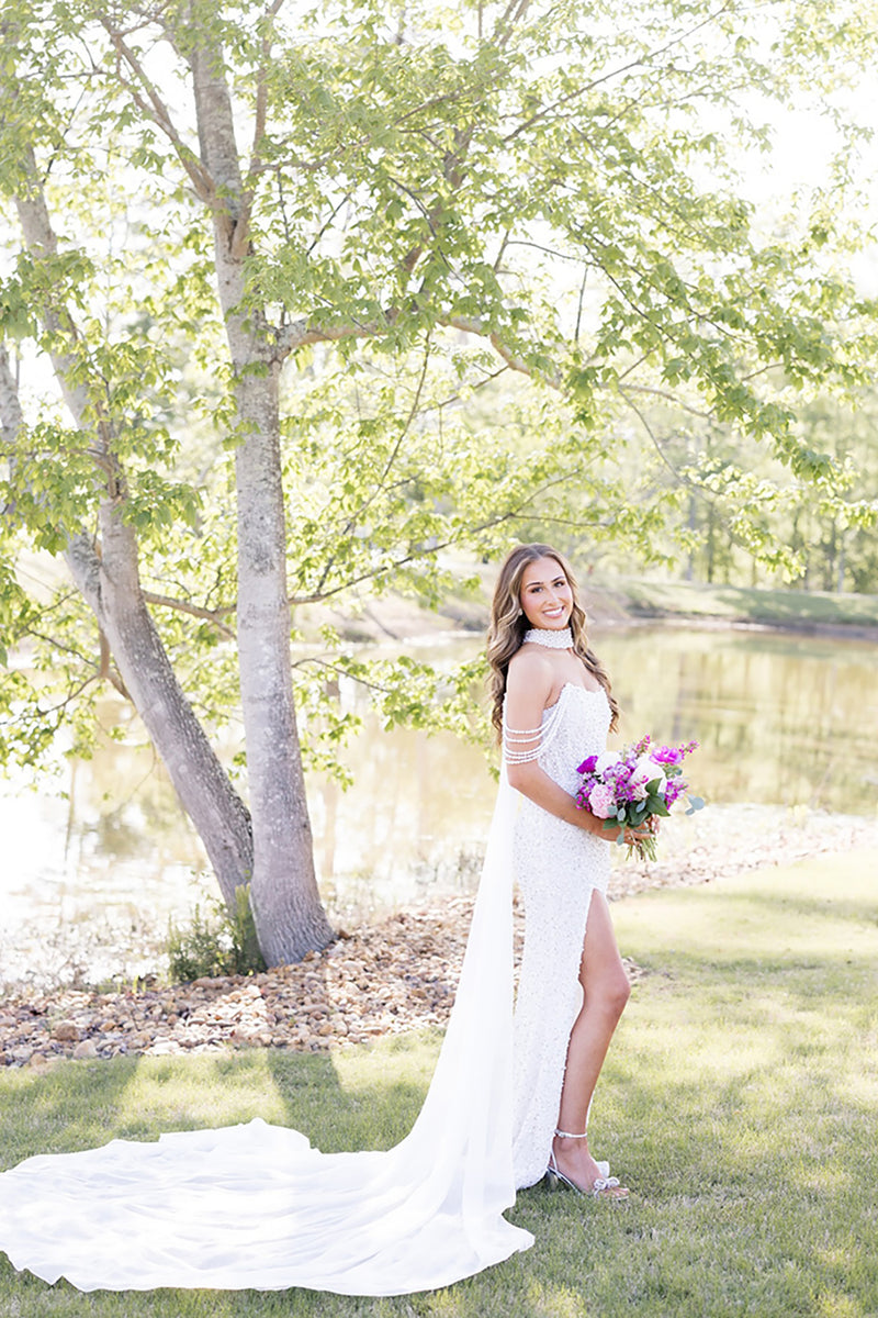 Load image into Gallery viewer, Sparkly White Off the Shoulder Long Corsert Prom Dress with Side Cape