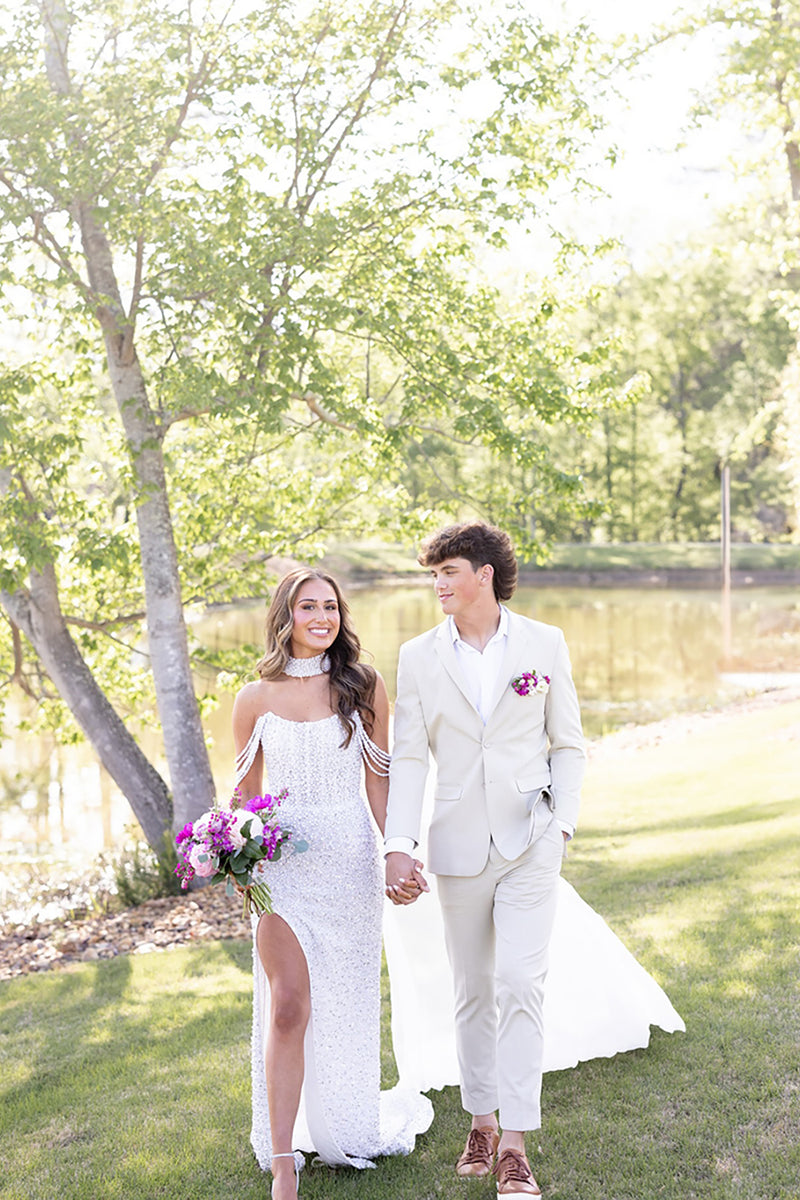 Load image into Gallery viewer, Sparkly White Off the Shoulder Long Corsert Prom Dress with Side Cape