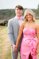 Load image into Gallery viewer, Strapless Pink Satin Memraid Long Prom Dress with Bow