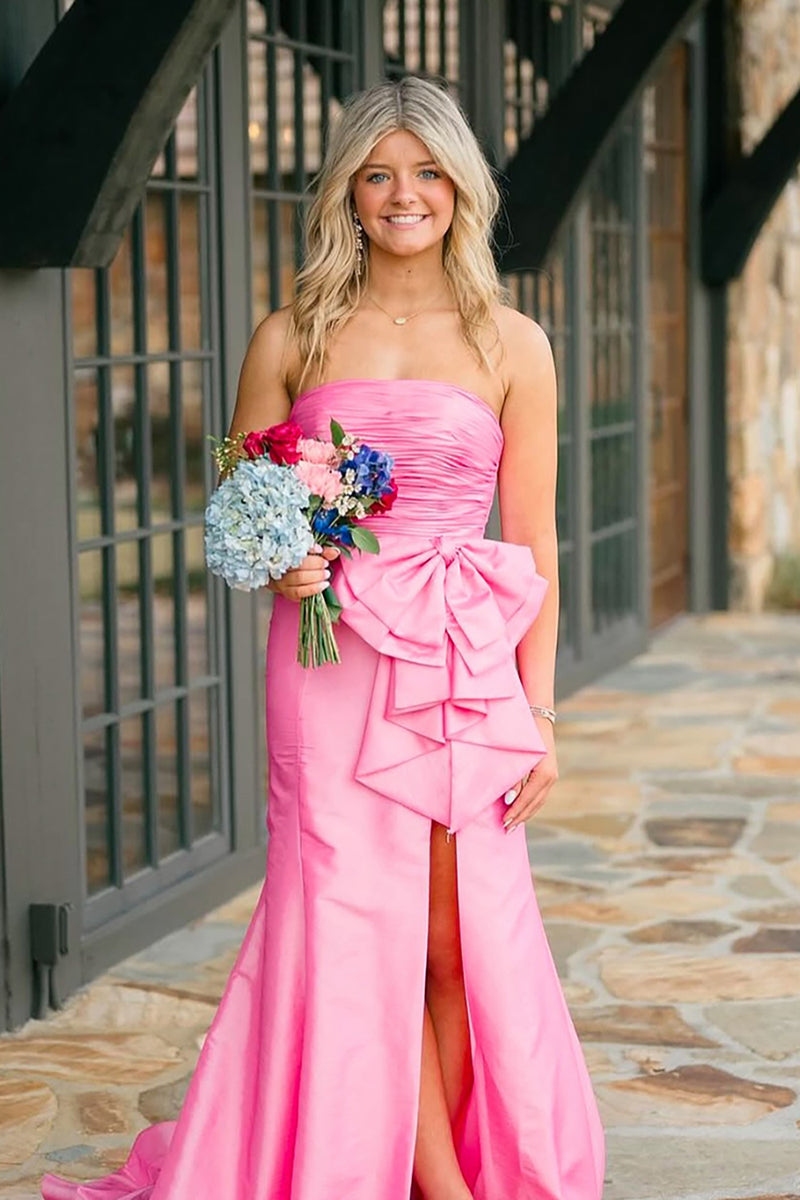 Load image into Gallery viewer, Strapless Pink Satin Memraid Long Prom Dress with Bow