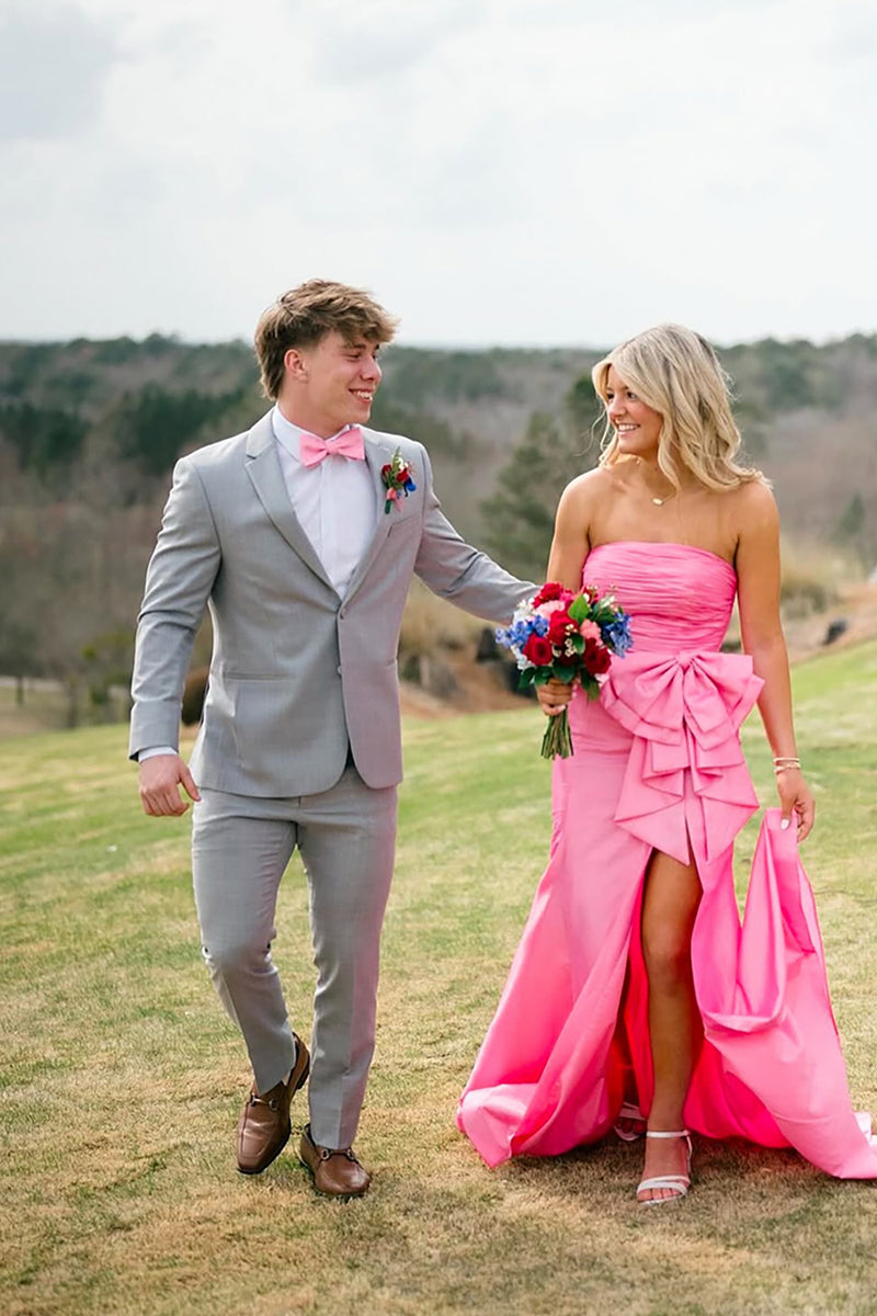 Load image into Gallery viewer, Strapless Pink Satin Memraid Long Prom Dress with Bow