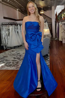 Load image into Gallery viewer, Strapless Pink Satin Memraid Long Prom Dress with Bow