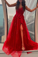 Load image into Gallery viewer, Red A Line Spaghetti Straps Appliqued Long Prom Dress with Bow