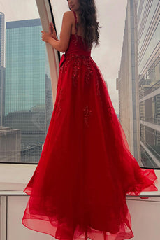 Red A Line Spaghetti Straps Appliqued Long Prom Dress with Bow