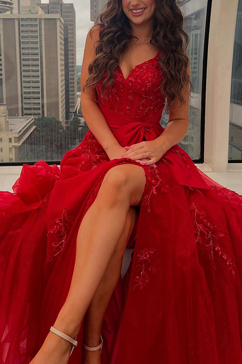 Load image into Gallery viewer, Red A Line Spaghetti Straps Appliqued Long Prom Dress with Bow