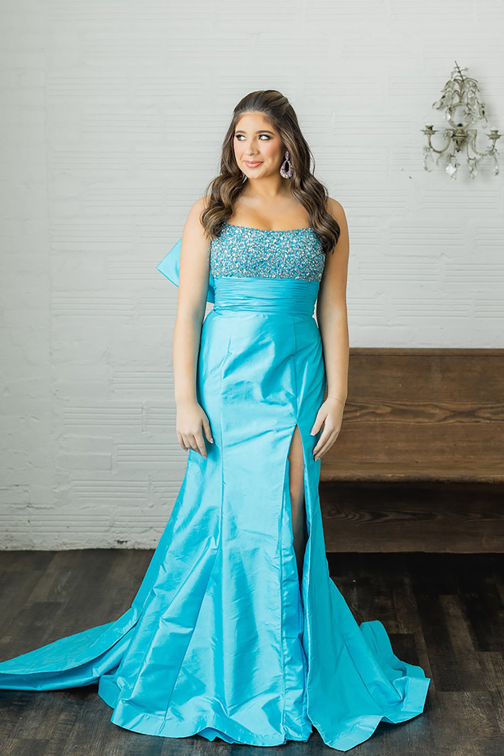 Sparkly Peacock Blue Square Neck Mermaid Long Prom Dress with Bow