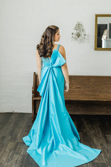 Sparkly Peacock Blue Square Neck Mermaid Long Prom Dress with Bow