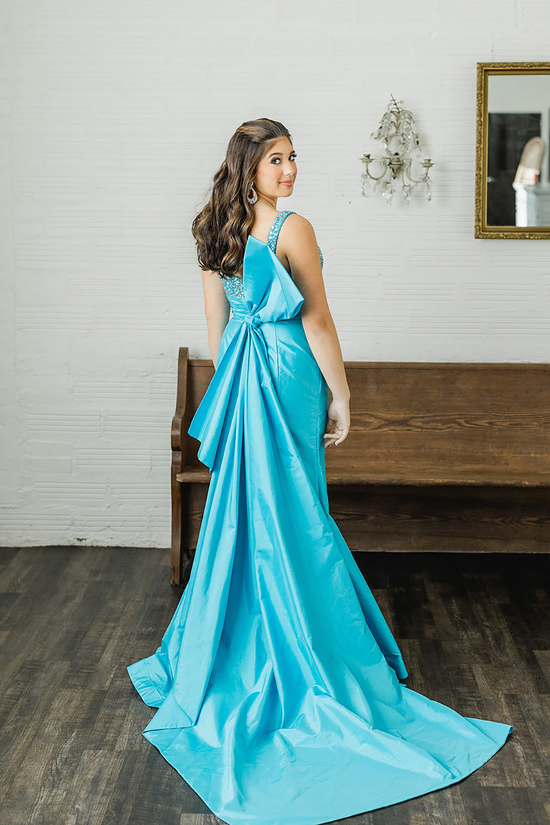 Load image into Gallery viewer, Sparkly Peacock Blue Square Neck Mermaid Long Prom Dress with Bow