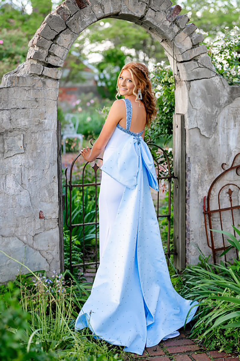 Load image into Gallery viewer, Sparkly White Mermaid Beaded Thick Straps Long Prom Dress with Bow