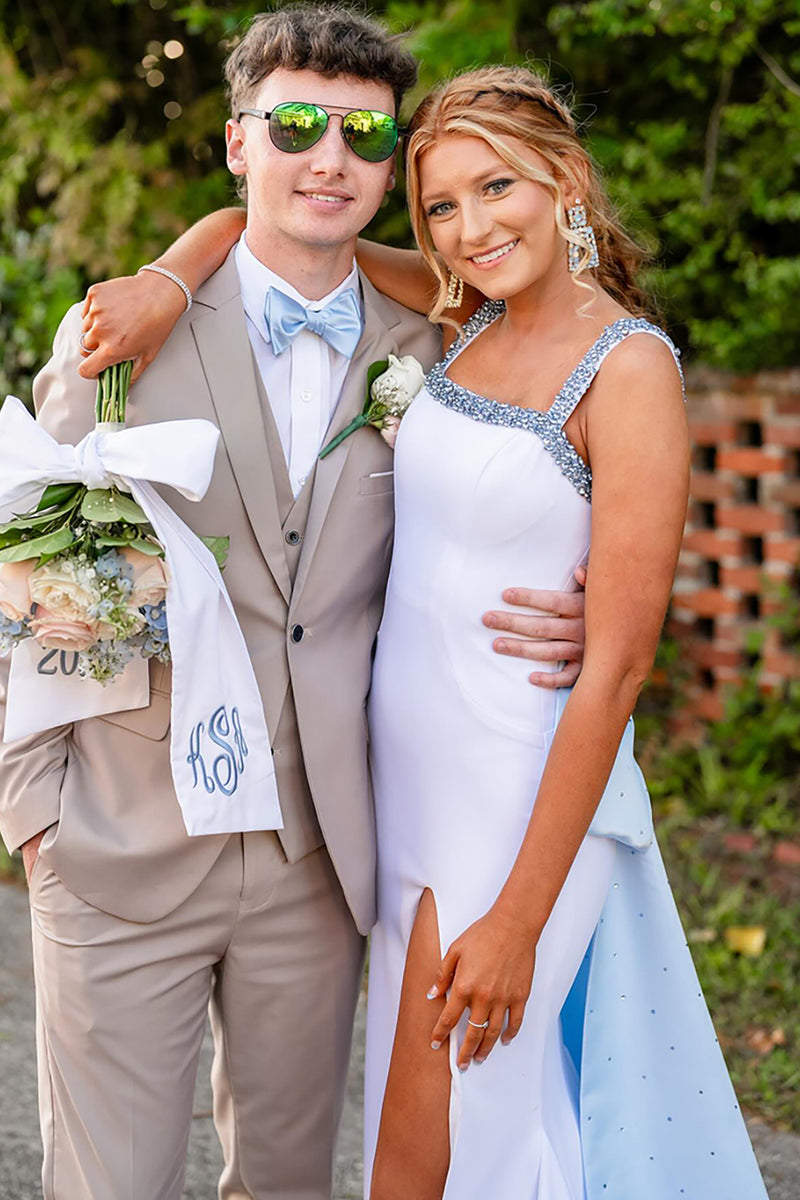 Load image into Gallery viewer, Sparkly White Mermaid Beaded Thick Straps Long Prom Dress with Bow