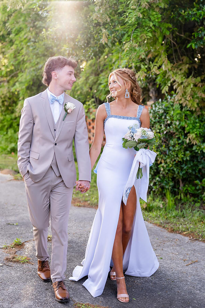 Load image into Gallery viewer, Sparkly White Mermaid Beaded Thick Straps Long Prom Dress with Bow