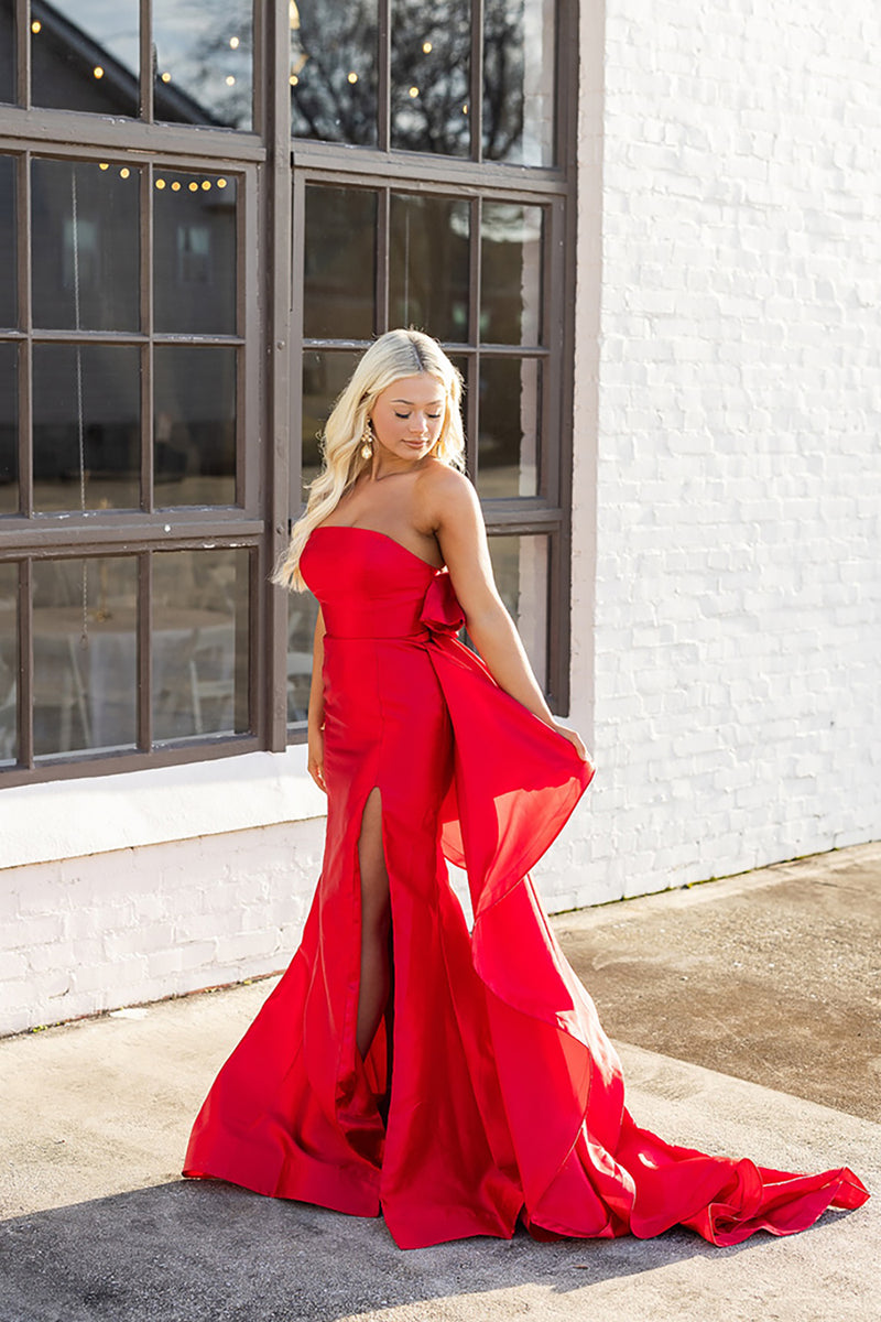 Load image into Gallery viewer, Red Satin Strapless Mermaid Long Prom Dress with Bow