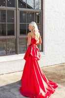 Load image into Gallery viewer, Red Satin Strapless Mermaid Long Prom Dress with Bow