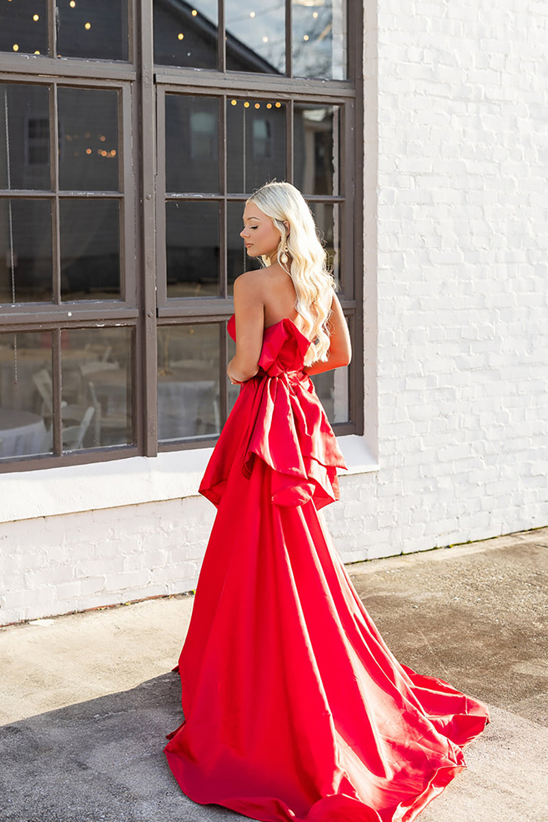 Load image into Gallery viewer, Red Satin Strapless Mermaid Long Prom Dress with Bow