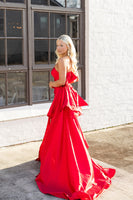 Load image into Gallery viewer, Red Satin Strapless Mermaid Long Prom Dress with Bow
