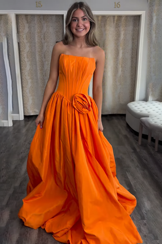 Orange Strapless Corset A Line Long Prom Dress with Slit