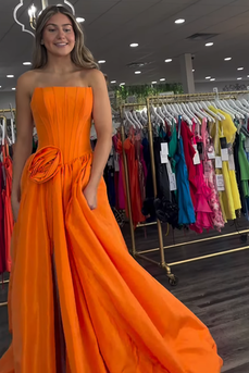 Orange Strapless Corset A Line Long Prom Dress with Slit