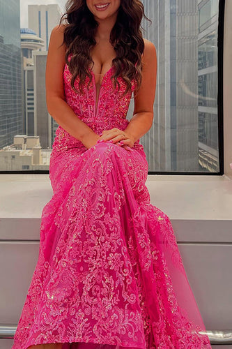 Sparkly Fuchsia Spaghetti Straps Mermaid Sequin Long Prom Dress