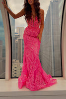 Load image into Gallery viewer, Sparkly Fuchsia Spaghetti Straps Mermaid Sequin Long Prom Dress