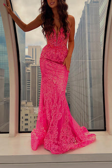 Sparkly Fuchsia Spaghetti Straps Mermaid Sequin Long Prom Dress