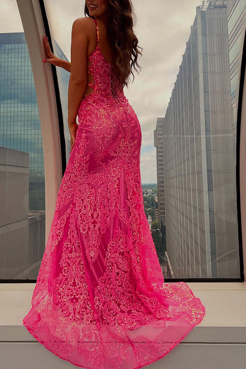 Load image into Gallery viewer, Sparkly Fuchsia Spaghetti Straps Mermaid Sequin Long Prom Dress