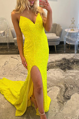 Sparkly Yellow Mermaid Sequin Sweetheart Long Prom Dress with Slit