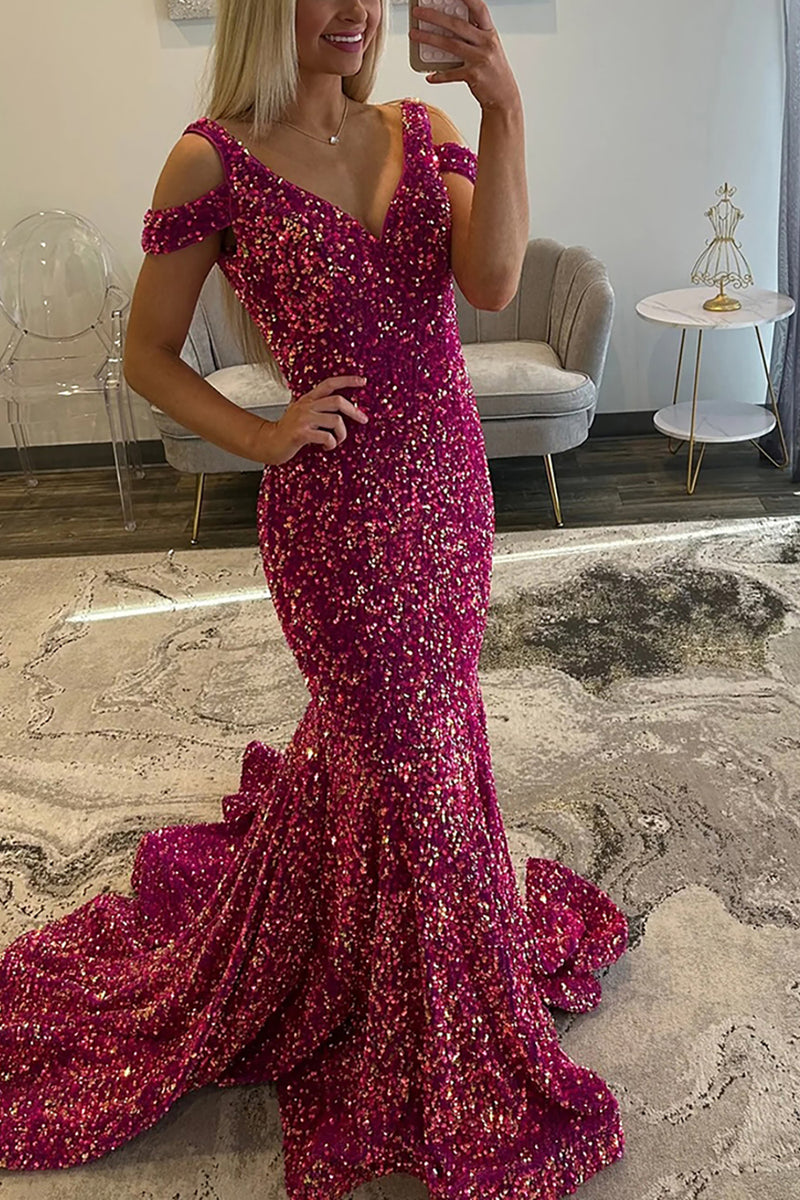 Load image into Gallery viewer, Sparkly Fuchsia Cold Shoulder Mermaid Sequin Long Prom Dress