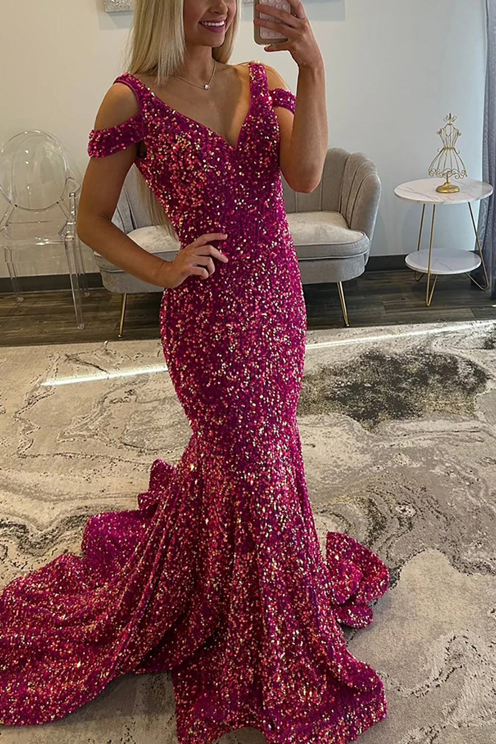 Sparkly Fuchsia Cold Shoulder Mermaid Sequin Long Prom Dress