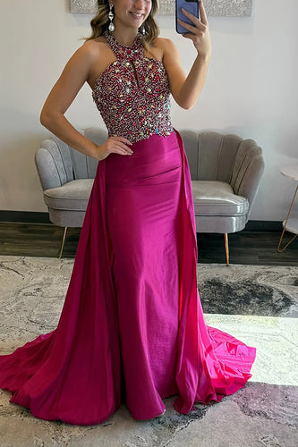 Sparkly Fuchsia Halter Mermaid Sequin Long Prom Dress with Cape