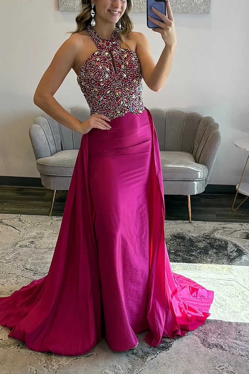 Load image into Gallery viewer, Sparkly Fuchsia Halter Mermaid Sequin Long Prom Dress with Cape