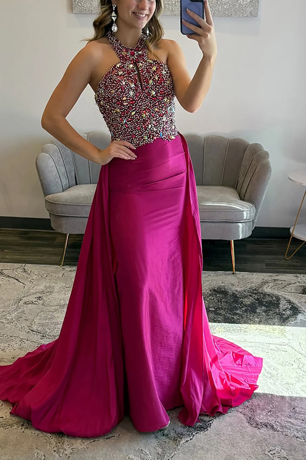 Sparkly Fuchsia Halter Mermaid Sequin Long Prom Dress with Cape