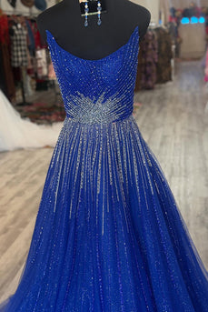 Sparkly Royal Blue Strapless A Line Sequin Princess Long Prom Dress