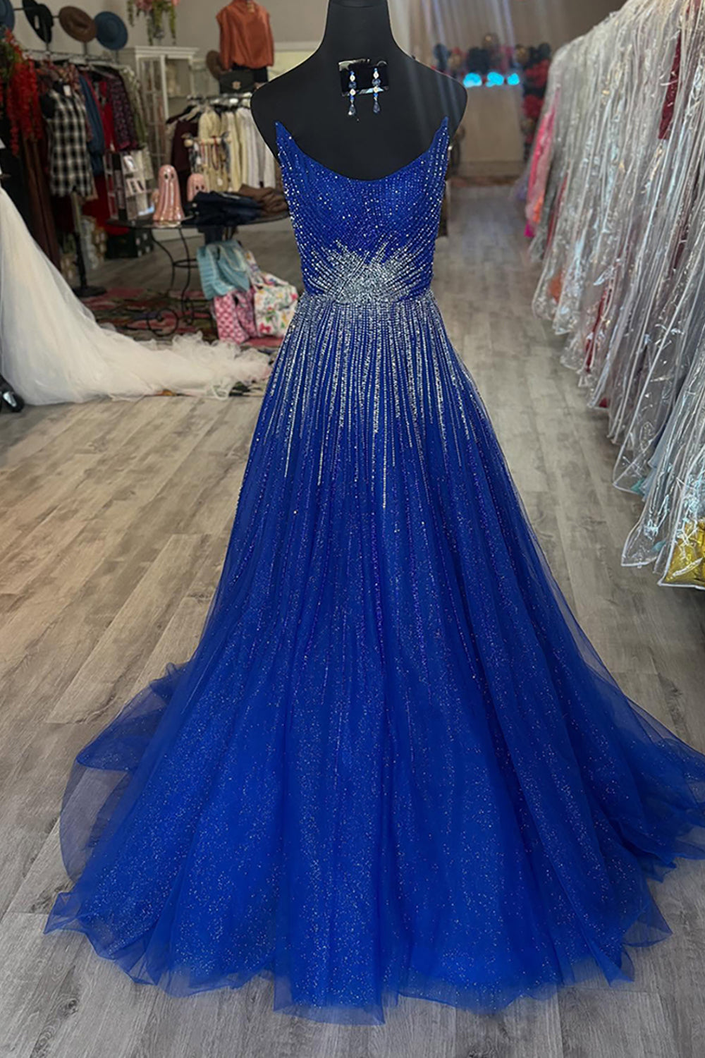 Sparkly Royal Blue Strapless A Line Sequin Princess Long Prom Dress