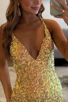 Load image into Gallery viewer, Sparkly Gold Sequin Halter Mermaid Long Prom Dress with Slit