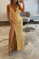 Load image into Gallery viewer, Sparkly Gold Sequin Halter Mermaid Long Prom Dress with Slit