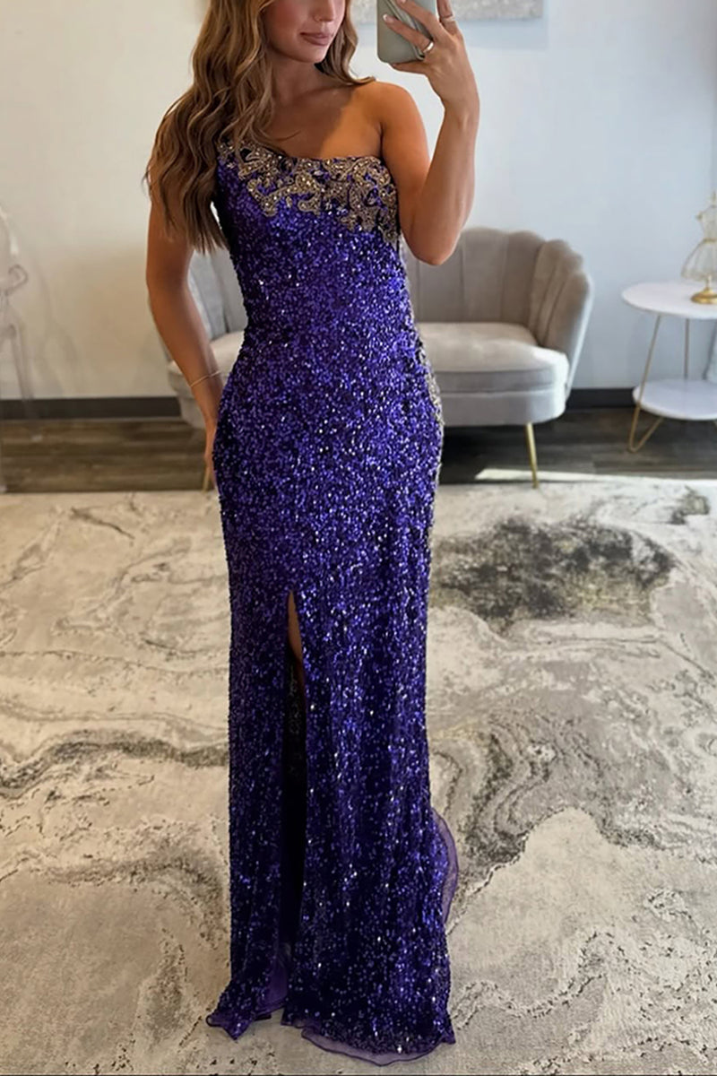 Load image into Gallery viewer, Sparkly Purple Sequin Mermaid long Prom Dress with Slit
