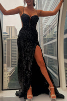 Load image into Gallery viewer, Black Mermaid Spaghetti Straps Appliqued Long Prom Dress with Slit