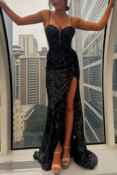 Black Mermaid Spaghetti Straps Appliqued Long Prom Dress with Slit