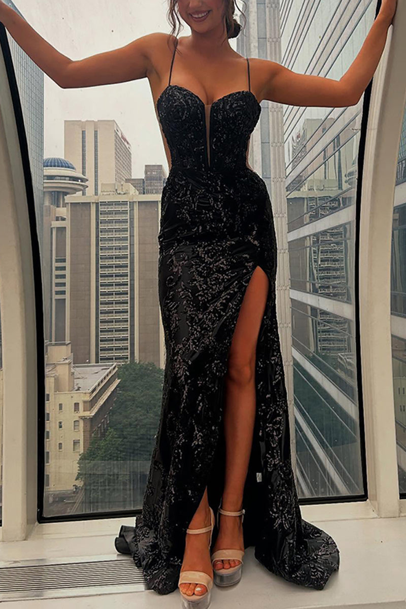 Load image into Gallery viewer, Black Mermaid Spaghetti Straps Appliqued Long Prom Dress with Slit