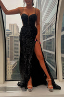 Load image into Gallery viewer, Black Mermaid Spaghetti Straps Appliqued Long Prom Dress with Slit