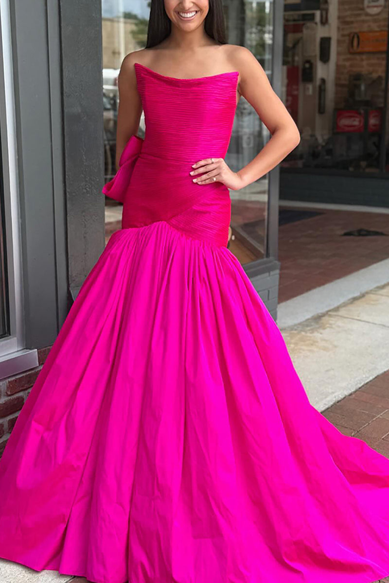Load image into Gallery viewer, Strapless Fuchsia Long Prom Dress with Bow