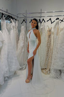 Load image into Gallery viewer, Sparkly White Halter Mermaid Long Prom Dress with Side Cape