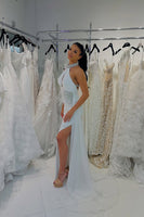Load image into Gallery viewer, Sparkly White Halter Mermaid Long Prom Dress with Side Cape
