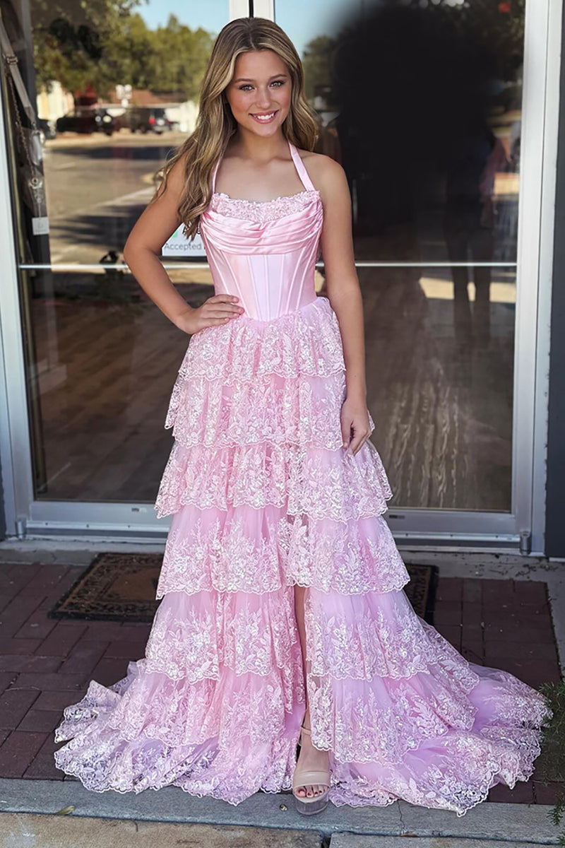 Load image into Gallery viewer, Pink A Line Corset Ruffled Tiered Long Prom Dress with Slit