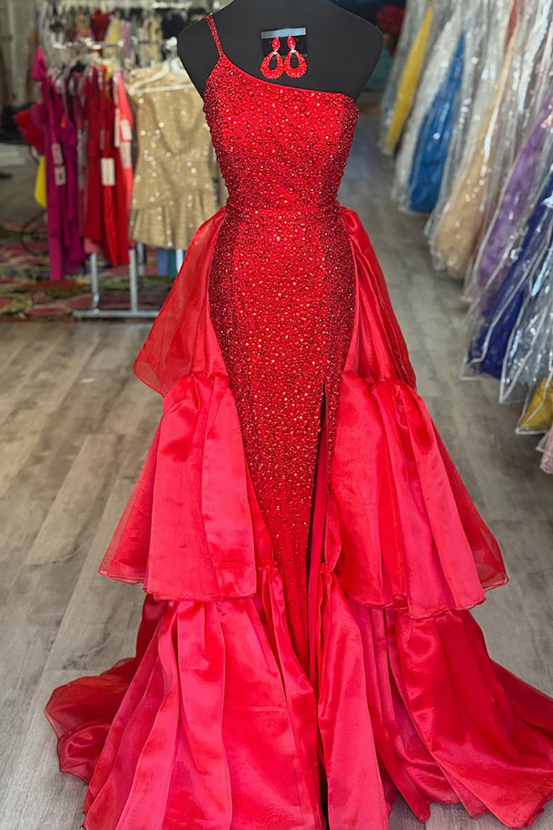 Load image into Gallery viewer, Sparkly Red Mermaid One Shoulder Sequin Long Prom Dress with Cape