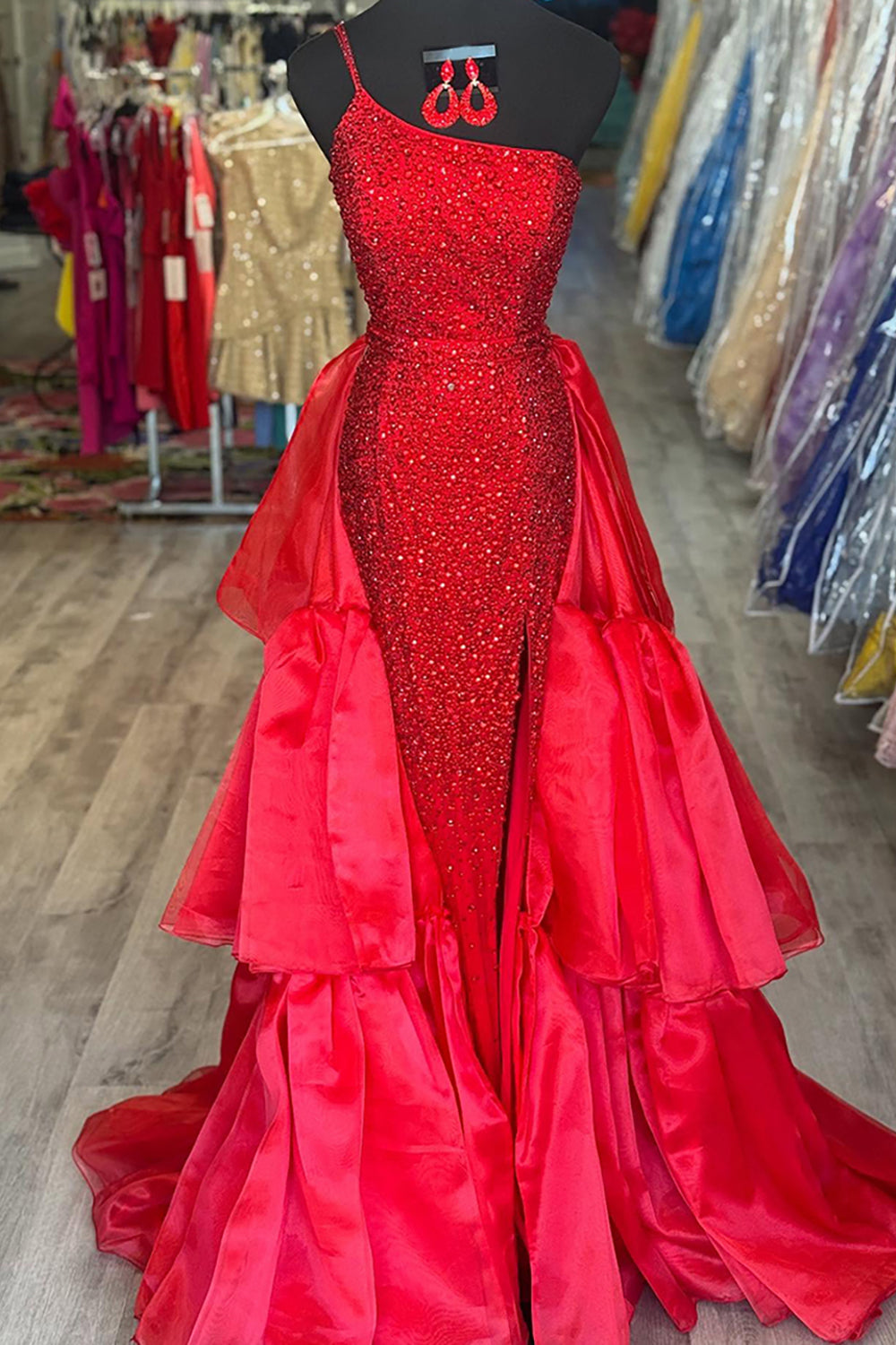 Sparkly Red Mermaid One Shoulder Sequin Long Prom Dress with Cape