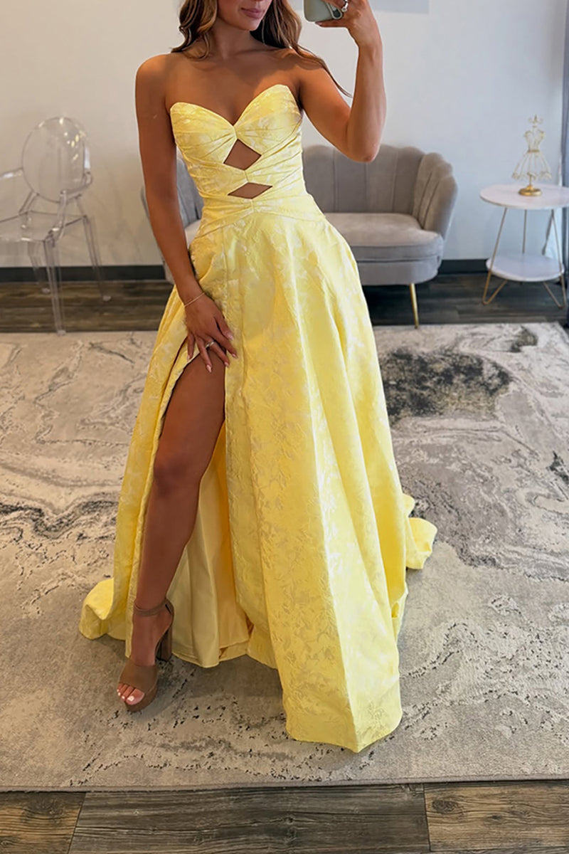 Load image into Gallery viewer, Yellow Sweetheart Keyhole A Line Long Prom Dress with Slit