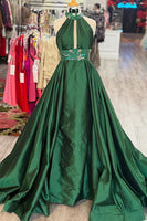 Load image into Gallery viewer, Sparkly Green Halter Long Prom Dress with Beadings