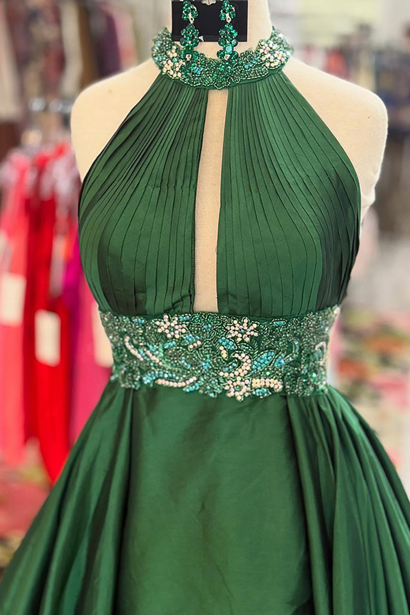 Load image into Gallery viewer, Sparkly Green Halter Long Prom Dress with Beadings